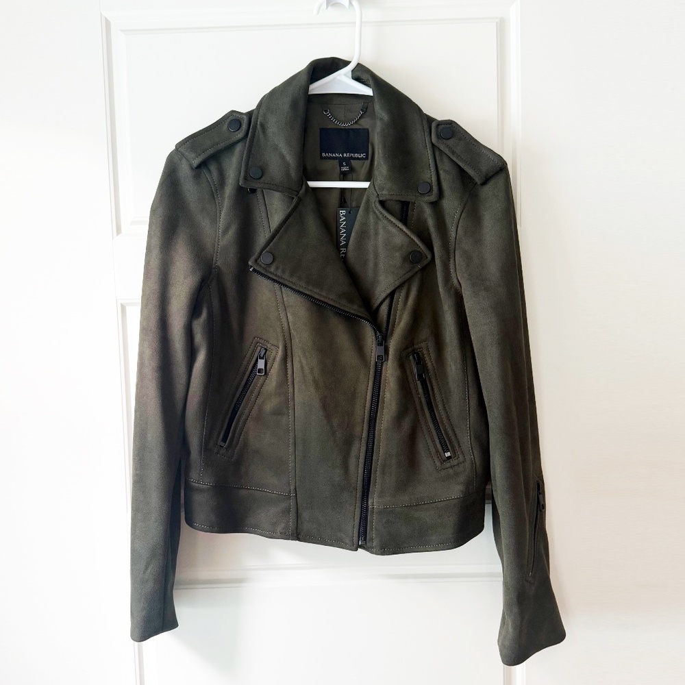 NWT Banana Republic Khaki Moto. Vegan Suede Jacket. Size S